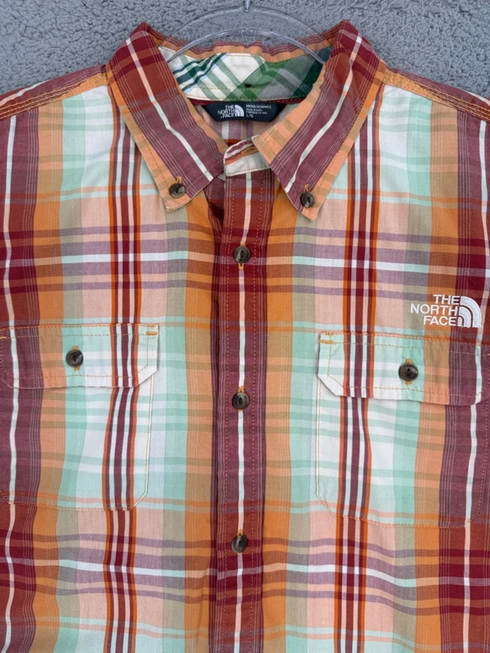 The North Face Men’s Large short sleeve button down shirt Orange Plaid outdoors
